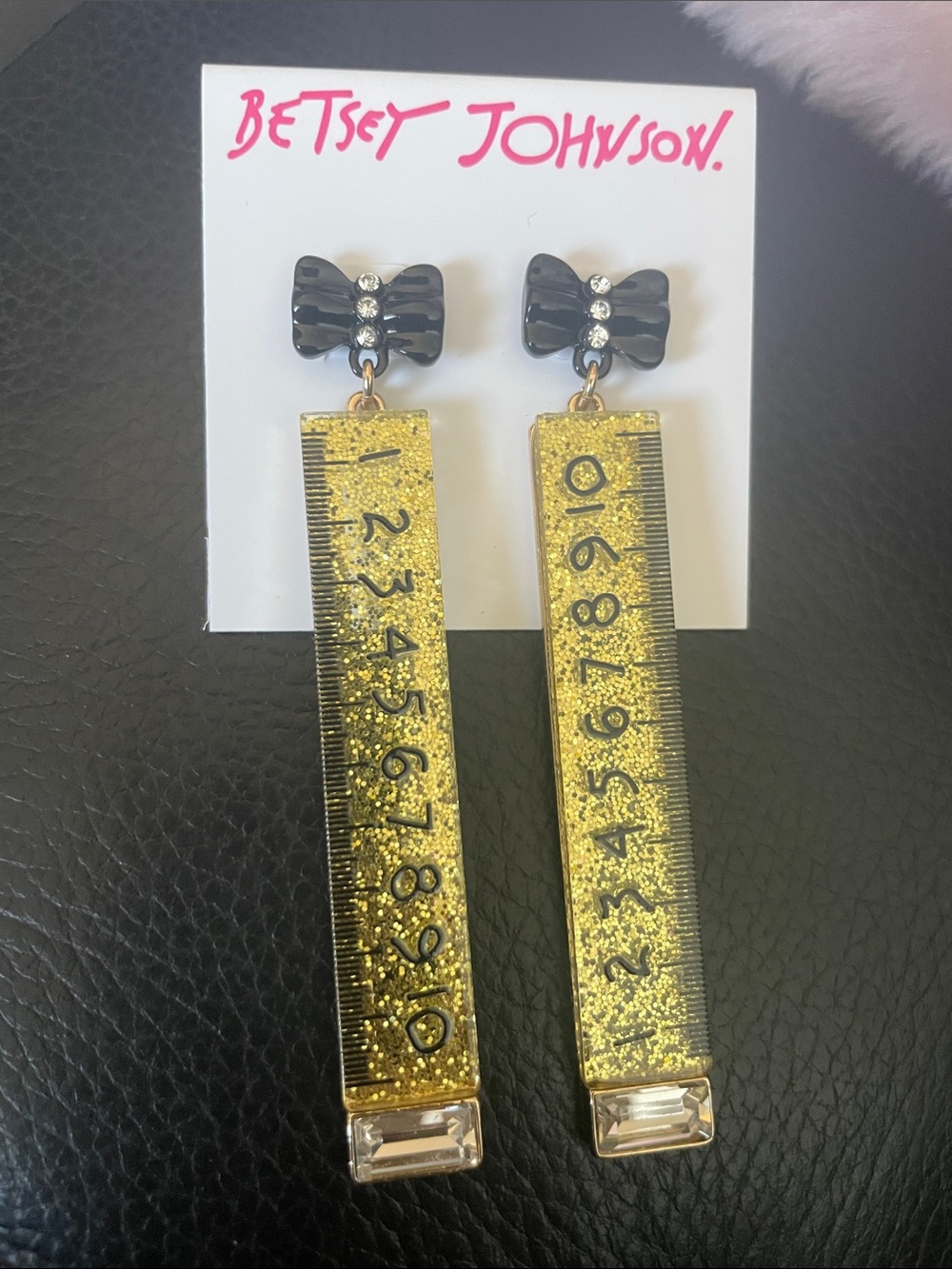 Betsey Johnson Black Bow & Gold Glitter Ruler Drop Earrings NWT